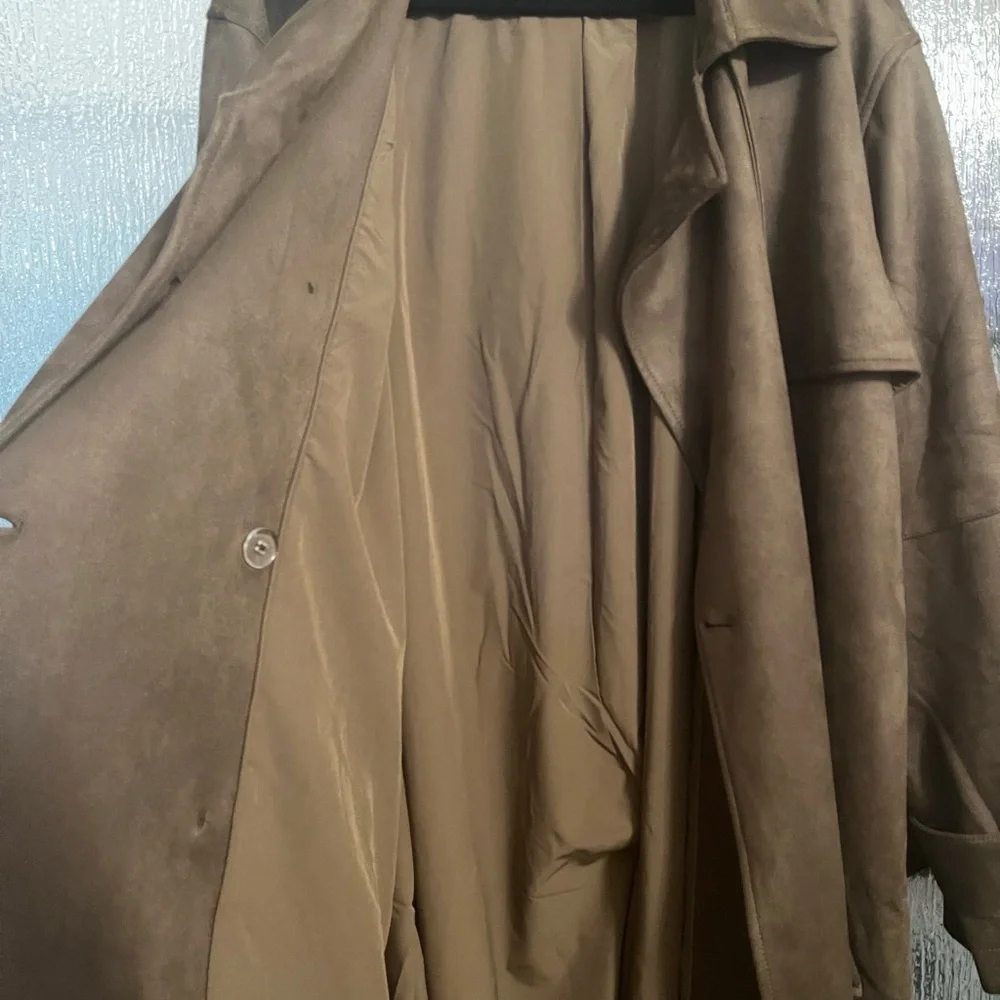 Ashley Graham Faux Suede Long Trench Coat in Olive Brown - Picture 9 of 11